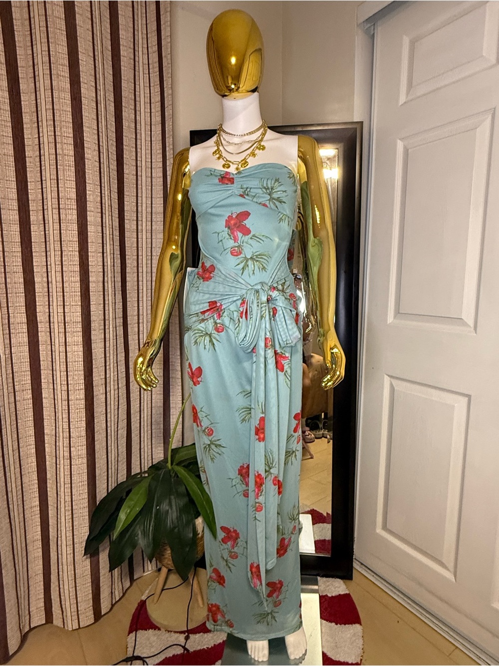 Elvi Aqua Strapless Maxi Dress with Red Floral Print